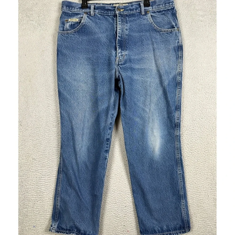 Schaefer Ranch Hand Jeans Mens 38X30 Blue Straight Leg Distressed Dungaree Denim